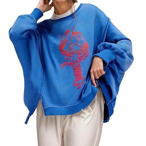 Image of Generisch Womens Oversized Pullover Unique Floral Lobster Print Crew Neck Sweatshirt Soft Cotton Blend Great for Autumn Casual Activities, blue, L