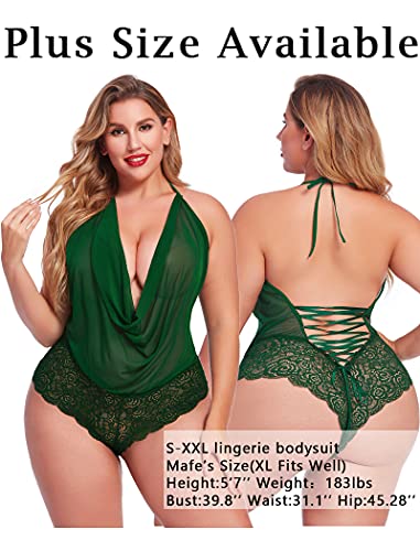 Image of Avidlove Women Sexy Lingerie Teddy One Piece Lace Halter Babydoll Bodysuit | Lace-up Teddies Lingerie V Neck Hollow out Mesh Body suit Naughty Outfits Nightwear