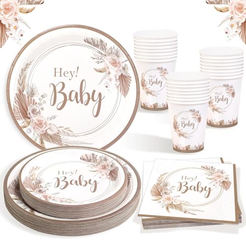 Heboland Babyparty Deko Partygeschirr Set, 127 Stück Hey Baby Teller Becher Servietten Strohhalme Tischdecke Banner für Baby Shower Junge und Mädchen, DE063-HBABYGESCHIRR