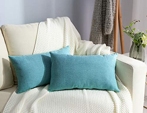 Stellhome Set of 2 Rectangle Pillow Covers Solid Linen Pillowcase for Home Decoration, 12 x 20 inch (30 x 50 cm), Sky Blue