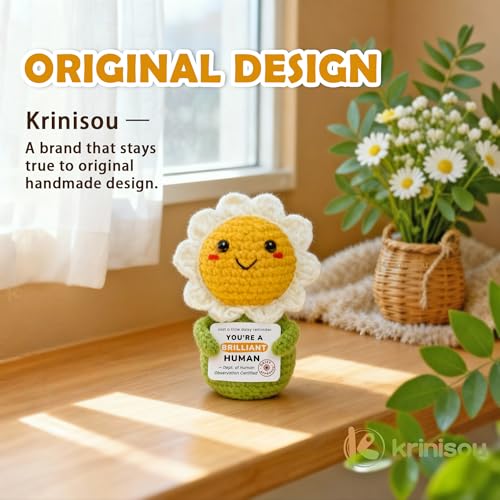 Krinisou Positive Animals Crochet Daisy Gift for Women – Cute Flower Decor, Small Pick-Me-Up Thinking of You Encouragement Present for Friends or Coworkers — view 2