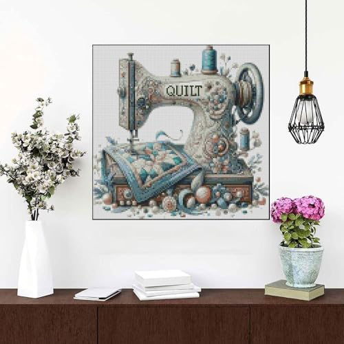 Image of Sewing Machine Stamped Cross Stitch Kits - Vintage Sewing Machine Counted Cross Stitch Kits for Adults, Needlepoint Cross-Stitch Patterns Dimensions Needlecrafts Embroidery Kits 13.7x13.7 Inches