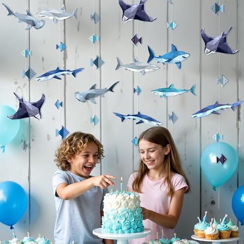 Image of Cheerland Shark Garland Shark Week Party Decorations Hanging Under the Sea Animals Geometric Ocean Theme Nautical Fish Birthday Decor Summer Fish Streamers Sea Creature Theme Backdrop Pack of 6