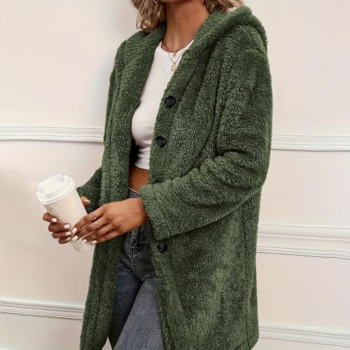 Sherpa Fleece Jacket Women Hooded Long Button Coat Travel Winter Daily Wear - image 7