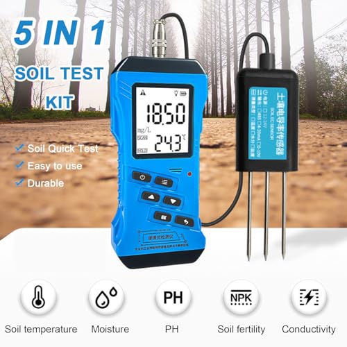 Medidor de pH y humedad del suelo, herramienta de análisis 5 en 1 para nutrientes, CE, temperatura y humedad con pantalla LCD retroiluminada para uso en exteriores