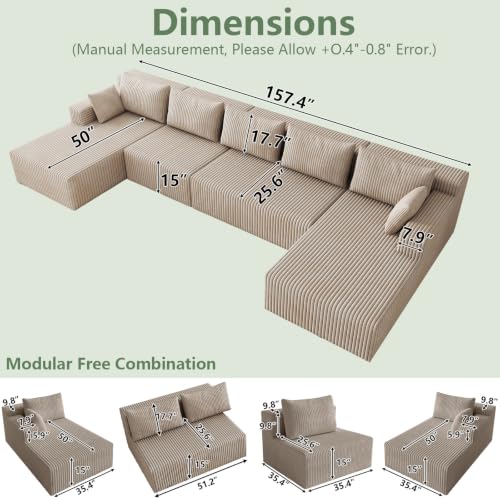 Image of 160 inch Modular Sectional Sleeper Sofa, Boneless Cloud Couch for Living Room, U Shaped 3 Seat Sofa with Deep Seat, Free Combination, Couch in a Box, No Assembly Required (Camel)