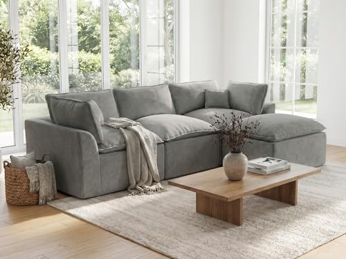 Image of COSIEST 108'' Boneless Sectional Couch, Modular Sectional Sofa with Ottoman, 4 Seater L Shaped Cloud Couch for Living Room, Grey