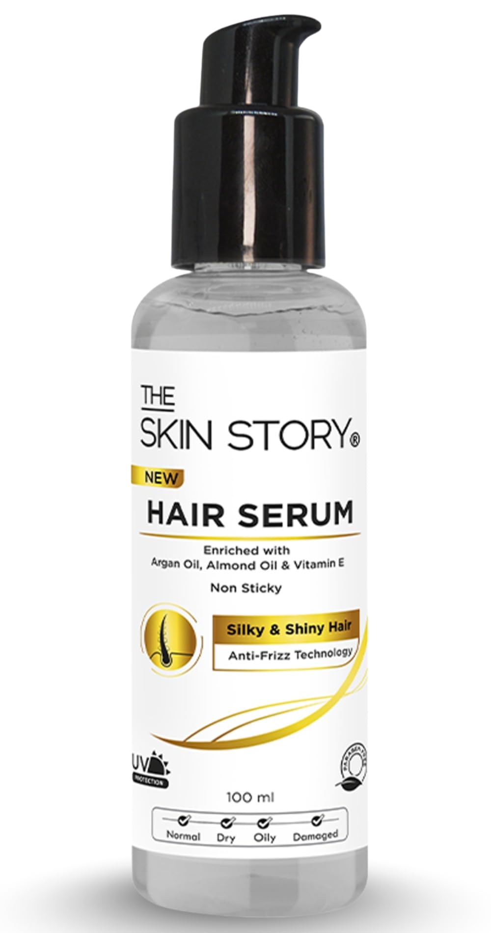 The Skin Story Anti-Frizz Hair Serum Non-Sticky Protection and Shine For Dry, Flyaway and Frizzy hair UV Protection with Argan Oil, Almond Oil & Vitamin E Controls Frizz Smoothes & Repairs Paraben Free 100ml