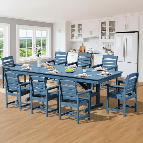 Image of SERWALL Outdoor 84 inch HDPE Dining Table with Umbrella Hole for 6-8, Blue | 9-piece HDPE 84 inch dining table, Ideal for Outdoor Gathering