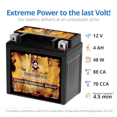 Image of Pirate Battery YTX5L-BS Maintenance Free Replacement Battery compatible with ATV, Motorcycle, and Scooter: 12 Volts, 5 Amps, 4Ah, Nut and Bolt (T3) Terminal