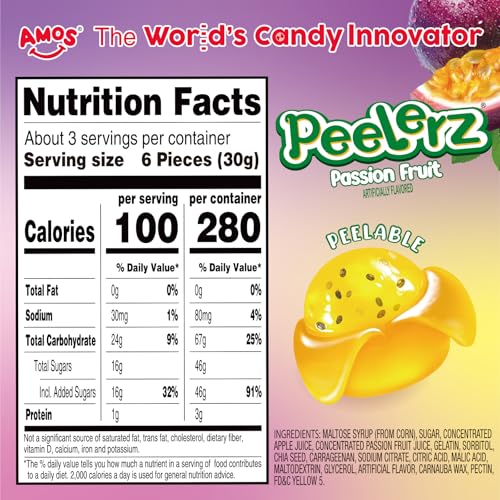 Image of AMOS Peelerz Passion Fruit 85 g - Tropical Snack, Pre-Peeled Style Passion Fruit Candy,Fruity Flavor & Peelable Texture, Ready-to-Eat Snack Pack