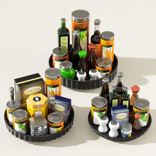 Lazy Susan Turntable 3 Pack Lazy Susan Lazy Susan Cupboard Organiser Rotating Spice Rack for Inside Cupboard Non-Slip Fridge Lazy Susan Turntable (Black)