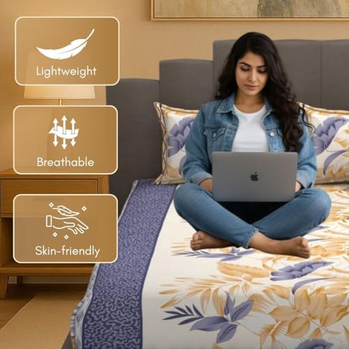 Image of Mafatlal Luxe Lilac 140 GSM Elegant Bedsheet with 2 Pillow Cover for Double Bed and Queen Size, 90x100 Inch - Brown & Gold, Premium Microfiber, Soft & Lightweight (144 TC)