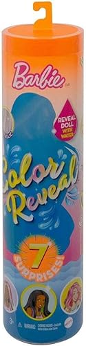 Miniatura 7 de Barbie Muñeca de revelación de color con 7 sorpresas: 4 bolsas misteriosas contienen peluca, falda, zapatos y esponja; el agua revela el aspecto de