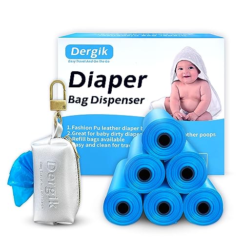 Image of Dergik LEATHER Diaper Bag Dispenser | 105 Diaper Bags Disposable (7 Refills) for Baby and Toddler Poop or Dirty Clothes, Dirty Paper Towels | Portable Travel Essential and On the Go, Silver