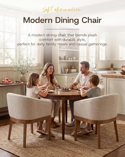 Image of HNY Barrel Dining Chairs Set of 6, Mid Century Modern Upholstered Dining Chairs with Arms, Linen Kitchen & Dining Room Chairs, Solid Wood Frame Accent Chairs for Kitchen, Apartment, Beige