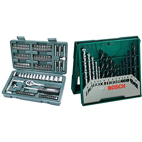 Mannesmann M29166 - Maletín con juego de llaves de vaso y puntas de destornillador (130 piezas) & Bosch Mini X-Line - Set de 15 brocas mixto: mini x-line (ref. 2607019675)