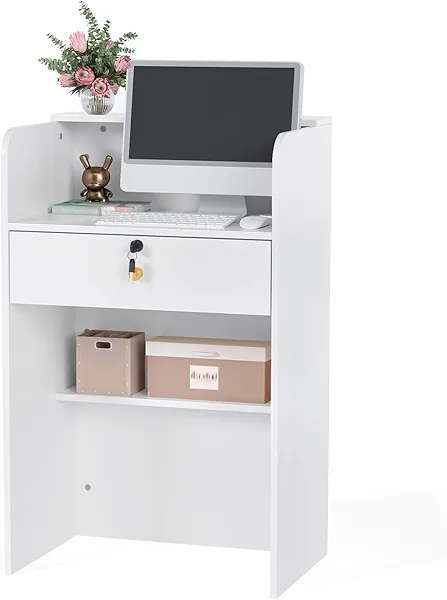 OmySalon Reception Desk with Counter, Small Front Desk w/Lockable Drawer, Wooden Modern Reception Table for Salon Lobby Office Home (White, 24)