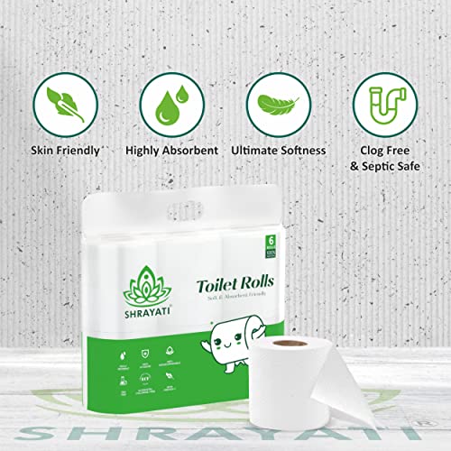 Image of Shrayati Toilet Paper Roll, 2 Ply, Pack of 6 | 1350 Pulls | 225 Pulls x 6 Rolls | Biodegradable Toilet Paper, Non-Clogging Super Absorbent Toilet Roll, Ultra Soft