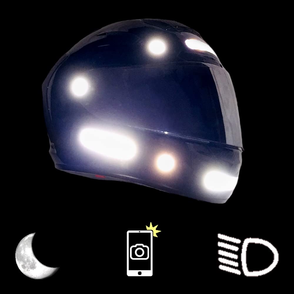 customTAYLOR33 Lot de 2 autocollants réfléchissants de sécurité pour moto, vélo, snowboard, casque de course ou véhicules (12 bandes et 12 cercles) Blanc/argenté/chromé