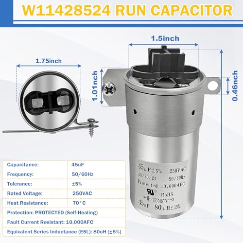 Image of Upgrade W11428524 W11162561 Washing Machine Run Capacitor Compatible with Whirlpool Kenmore Maytag Crosley Amana Replace W10866238 W11175257 AP6981681 PS12745632 EAP12745632