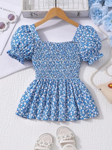 Image of Seechoslo 2025 Tween Girls' Cute Short Sleeve Square Neck Smocked Elastic Short Sleeve Woven Shirt Top