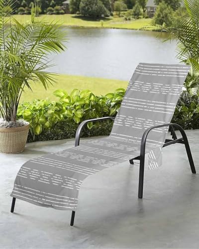 Beach Pool Patio Lounge Chaise Chair Cover Towel with Pockets,Grey Geometric Absorbent & Quick Dry Microfiber Towel Cover Bag Summer Travel Accessories Bohemia Southwestern Stripe Boho White