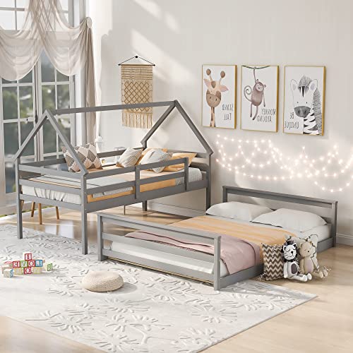Twin Over Full House Bunk Bed With Built-In Ladder, Low Bunk Bed Fram W/Safety Guard Rails And Wood Slat Support For Kids Teens Adults, Convertible To 2 Beds, No Box Spring Required,Gray #TOP2