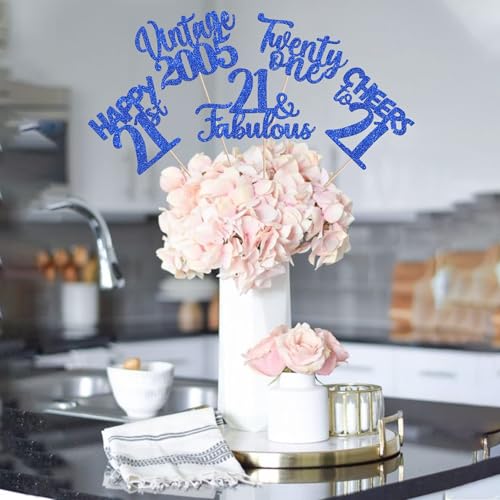 Image of 15 PCS 21st Birthday Centerpiece Sticks Glitter Twenty One Happy 21 Vintage 2005 Table Flower Centerpieces Sticks Cheers to 21 Fabulous Floral Decorations for 21st Birthday Party Supplies Blue