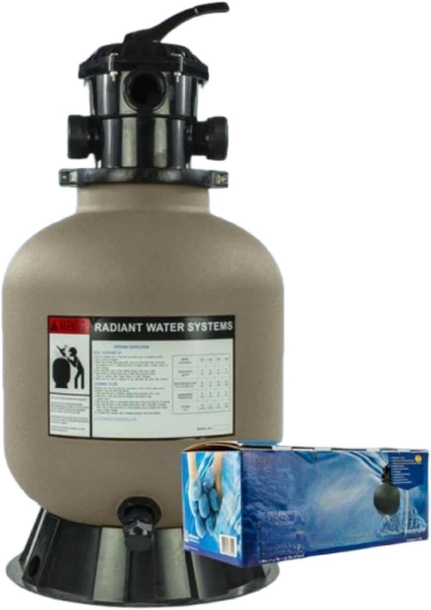 16 Inch Above Ground Swimming Pool Sand Filter w/Blue Luster Media for Rx Clear Radiant, Design Flow Rate 35 GPM, Maximum Working Pressure 50 PSI, Filter Area 1.25 ft2, Up to 16,000 Gallons