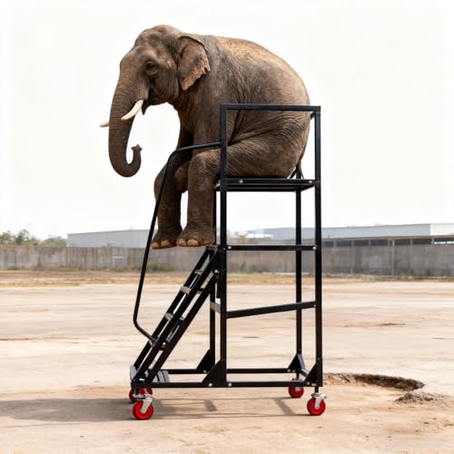 Image of Rolling Ladder with Wheels, Mobile Rolling Stairs with Handrail for Industrial Warehouse, Rolling Steps Ladder with Fence, for High Shelf Aisles, Warehouses, Supermarkets, Libraries (Black, 4 Steps)