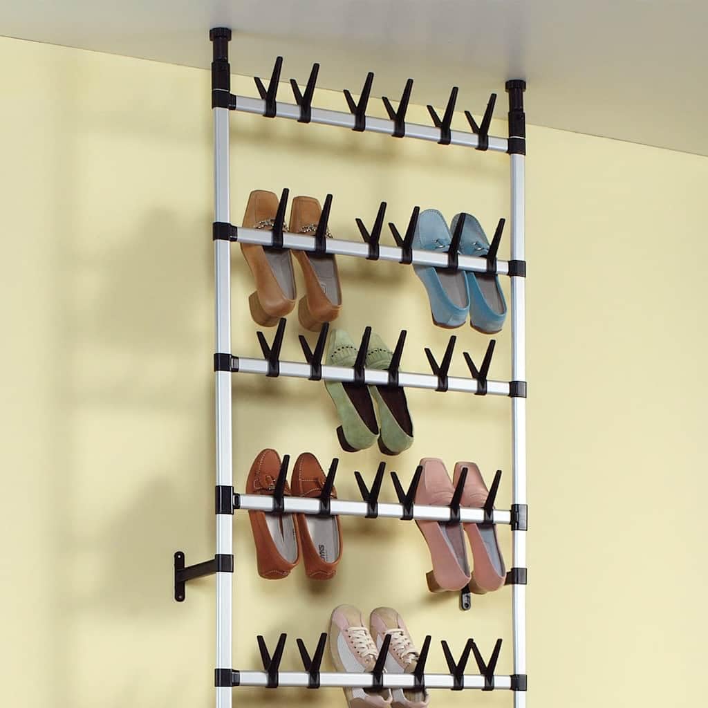 Teleskop-Schuhregal deckenhoch aus Aluminium, Schuhständer höhenverstellbar 250-300 cm, Schuhaufbewahrung für 30 Paar Schuhe und 6 Paar Stiefel, Platzsparendes Ordnungssystem, Silber