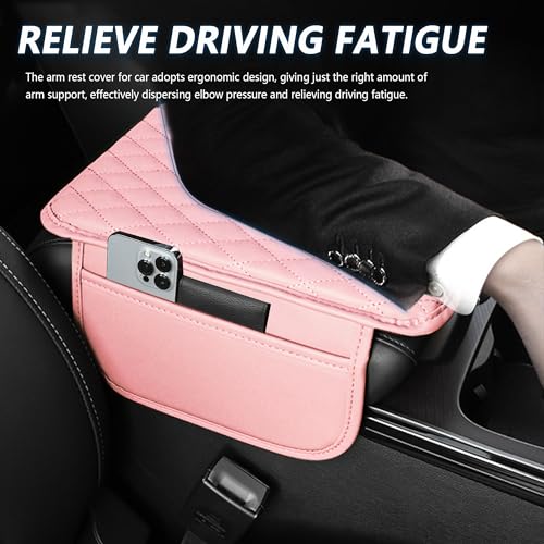 Image of Stacool Upgraded Car Center Console Cover,Microfiber Leather Car Armrest Cover Cushion with 2 Storage Bags,Universal Car Armrest Storage Box (Pink)