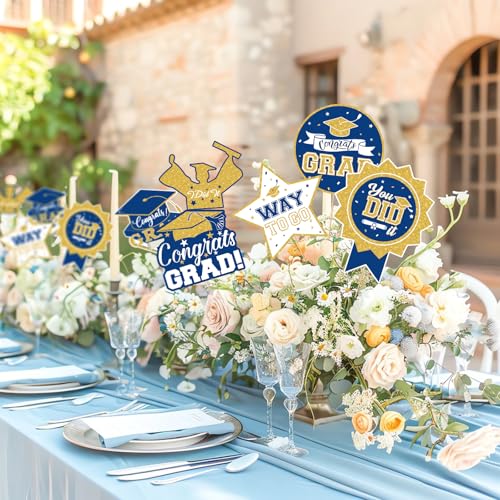 Image of 2026 Graduation Party Decorations - 24 Pcs Class of 2026 Congrats Grad Table Centerpieces Graduation Table Decorations Sticks Table Toppers for Graduation Party (Blue Gold)