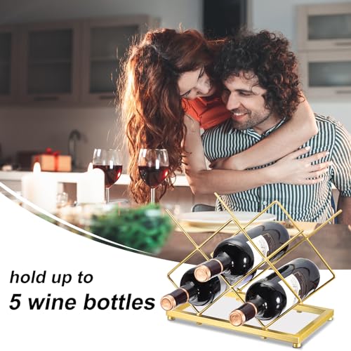 Image of uxcell Countertop Wine Rack, Tabletop Wine Bottle Holder for Up to 5 Standard Bottles, Freestanding Wine Rack for Wine Cellar Bar Cabinet, Gold