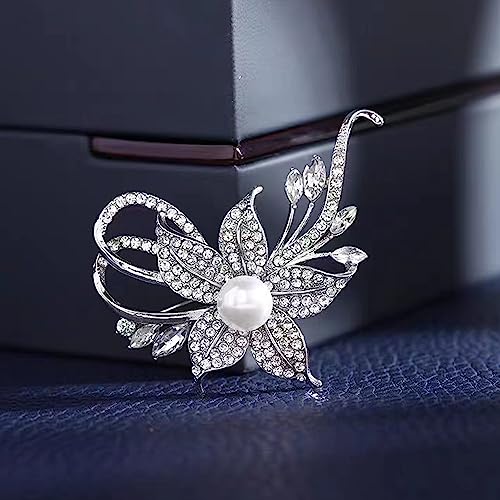 Image of Crystal Pearl Flower Brooches Pins Fashion Beautiful Created Rhinestone Floral Brooch Good Idea for Party Dance Wedding Banquet for Elegant Women Girl