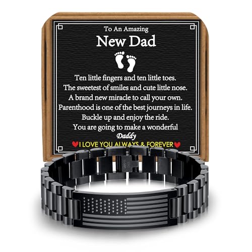 Gifts for Dad Stepdad New Dad Husband, Stainless Steel American Flag Watch Bracelet Birthday Fathers Day Christmas Jewelry Gifts for Men