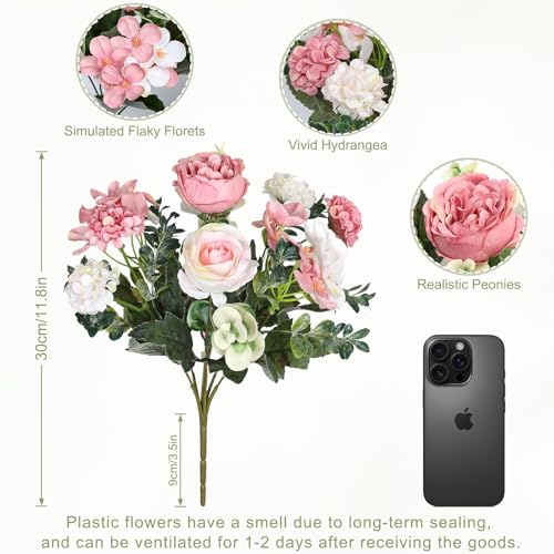 2 Bundles Pink Peonies Artificial Flowers Silk Flower Centerpieces for Tables Fake Flower Arrangements Bouquets Mixed Roses Hydrangea with Stems for Wedding Bridal Bouquets Home Ta image 2