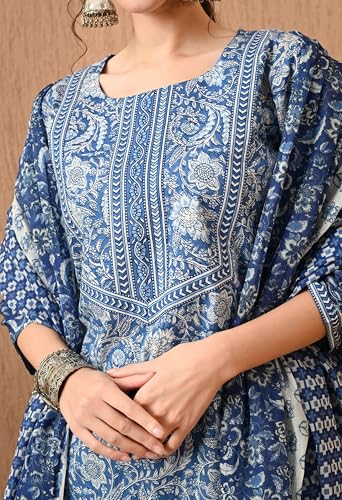 Image of Amazon Brand - Tavasya Women Cotton Anarkali Kurta Pant Dupatta Set | Printed Ethnic Suit Set | Flared Anarkali Kurta with Pant & Dupatta | Festive & Casual Wear