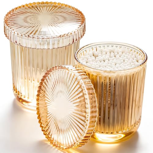 RINEENOM Glass Qtip Dispenser 2 Pack Clear Bathroom Storage Organizer for Cotton Swabs Balls Pads & Floss Picks Vanity Makeup Essential Accessories (Amber)