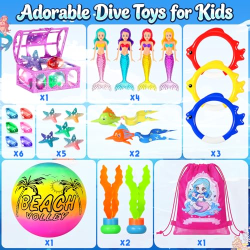 Image of DRAMATION 25 PCS Pool Diving Toys for Kids Ages 3-12 | Mermaid Pool Toys, Dive Toys with Diving Gems and Treasure Chest, Diving Rings, Storage Bag, Water Toys for Boys and Girl