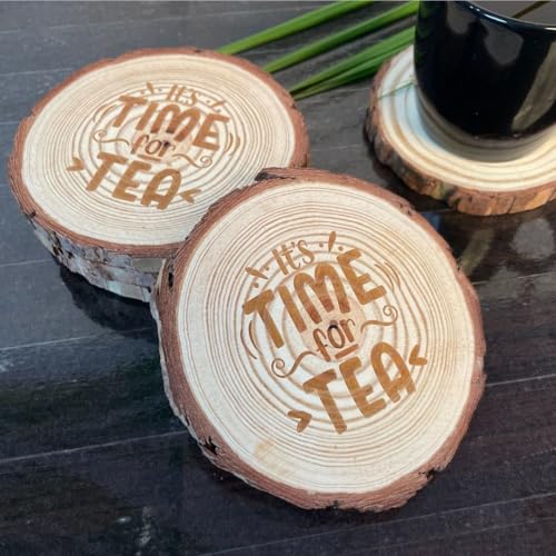 Image of Giftana Wooden Coaster Set with Engraved Quote - inchIt's Time for Tea inch Round Coasters for Home & Office, Eco-Friendly, Non-Slip Drink for Dinning Table, 4 Inches Diameter- Set of 2