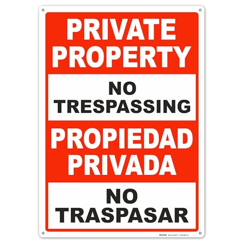 Brimar - 10' x 14' - Bilingual Private Property No Trespassing Sign - .040″ Rust-Free Aluminum - Bold Text And Symbol - Easy Installation, Red