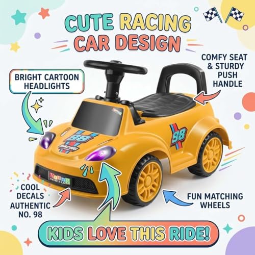 Image of Kids Ride On Yellow Car for Toddlers with Steering Wheel & Backrest | Foot to Floor Baby Push Car | Indoor Outdoor | Strong Wheels & Comfortable Seat | Racing Design for Boys & Girls (1-3 Years)