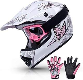 TCT-MT DOT Helmet+Goggles +Gloves Youth Kids Helmet Pink Butterfly Dirt Bike Motocross Offroad Street Helmet Motorcycle (Large)