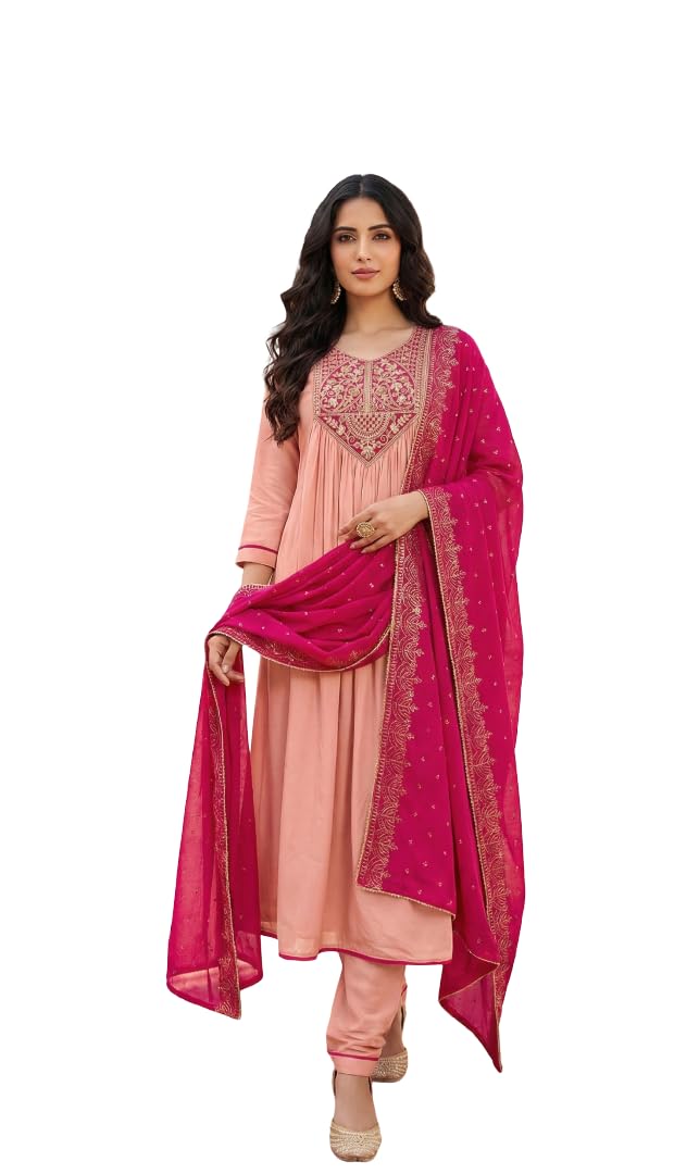 new ethnic 4 you Women's Traditional Peach and Pink Embroidered A-Line Kurta-picture-34