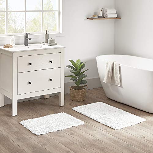 Madison Park Elements 100% Organic Cotton Bathroom Rug Non Slip Backing-Luxrurious Fringe Texture Natural Bath Mat Absorbent, Quick Dry, Vintage Shower Room Décor, 17" x 24"/20" x 32", White 2 Piece