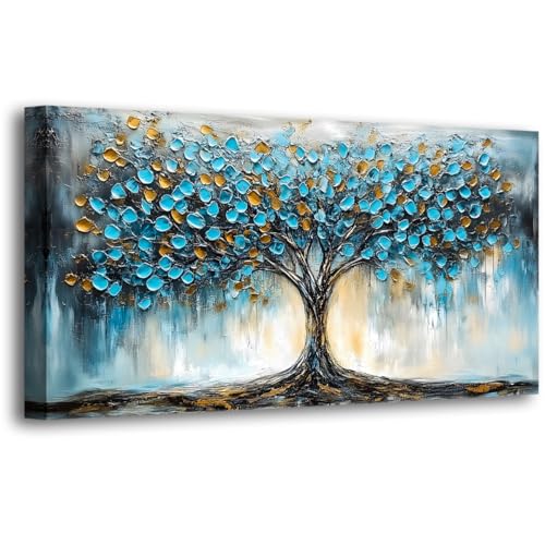 Image of Blue Tree Pictures Canvas Wall Art for Living room Office Bedroom Wall Decor,Abstract Wall Art Print Modern Noble Blue Tree Oil Painting Artwork Waterproof Ready to Hang-20x40inch