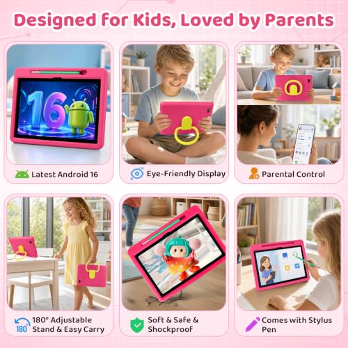 Image of Android 16 Kids Tablet HD 10 Inch with Stylus & Case, 24GB RAM 64GB ROM 1TB
