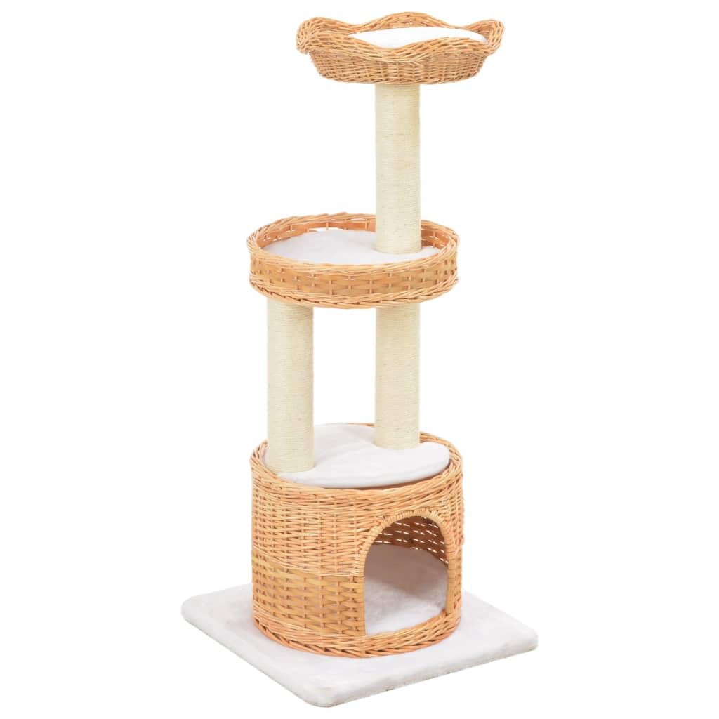 Tiragraffi in legno naturale con cestini di vimini e sisal, 94 cm | Tiragraffi fatto a mano per il soggiorno con cuccia morbida e due cestini per gatti attivi.